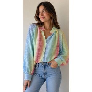 L'ATISTE by Amy Multicolor Plaid Chiffon Collared Button Front Blouse S